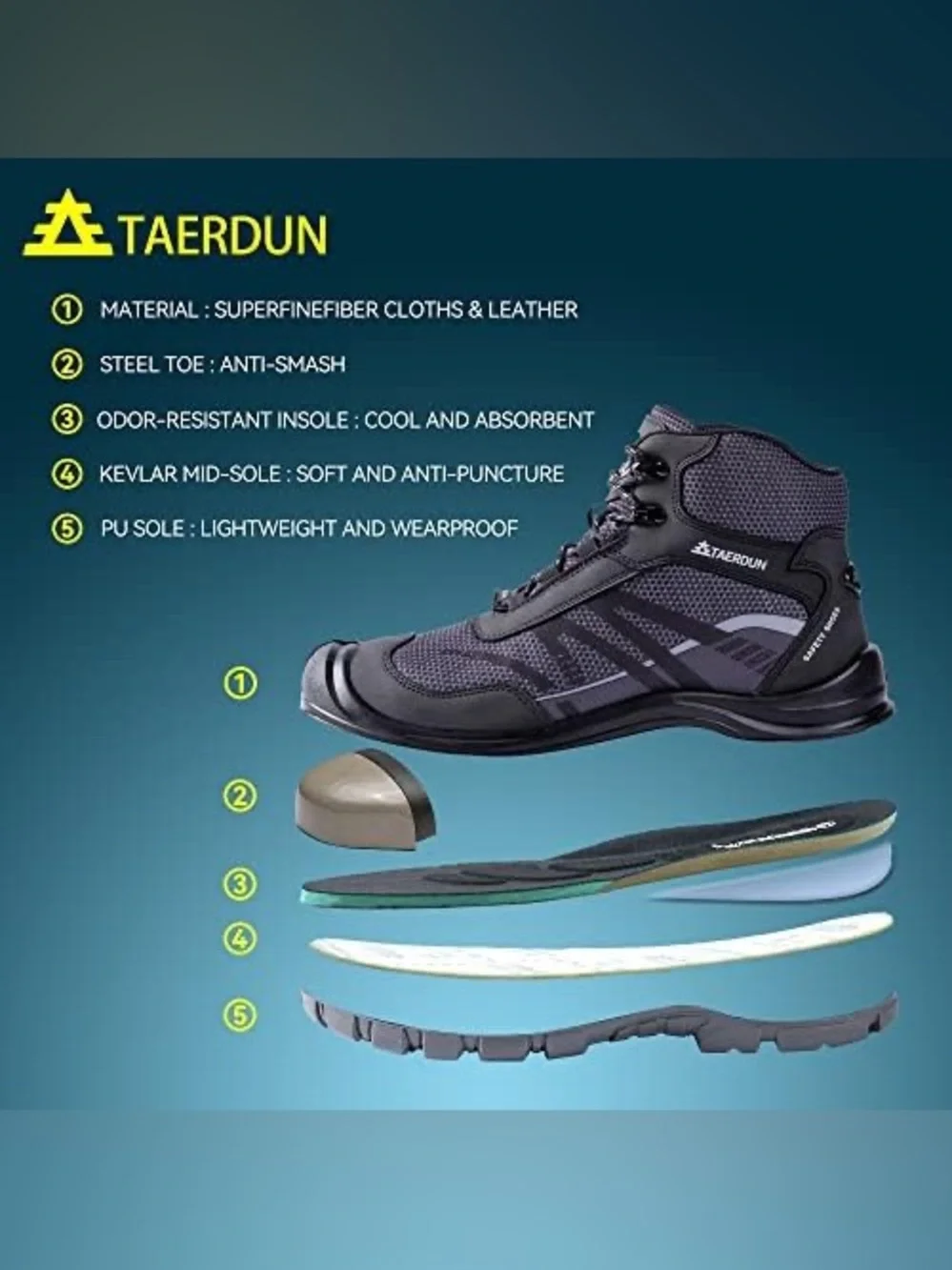Taerdun Men's Black and Gray Lightweight Safety Boot sz 13